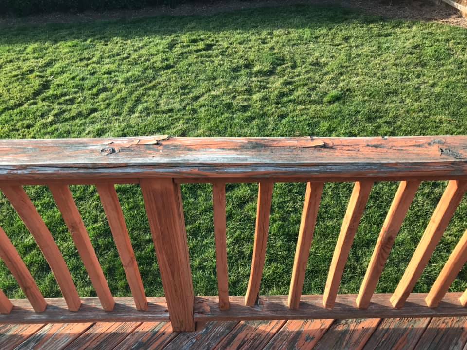 Worn deck railing and stairs before renovation by His Handy Hands